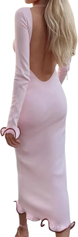 ISZPLUSH Women's Sexy Bodycon Ruffle Hem Knit Dress Crew Neck Backless Long Sleeve Slim Club Party Long Dress