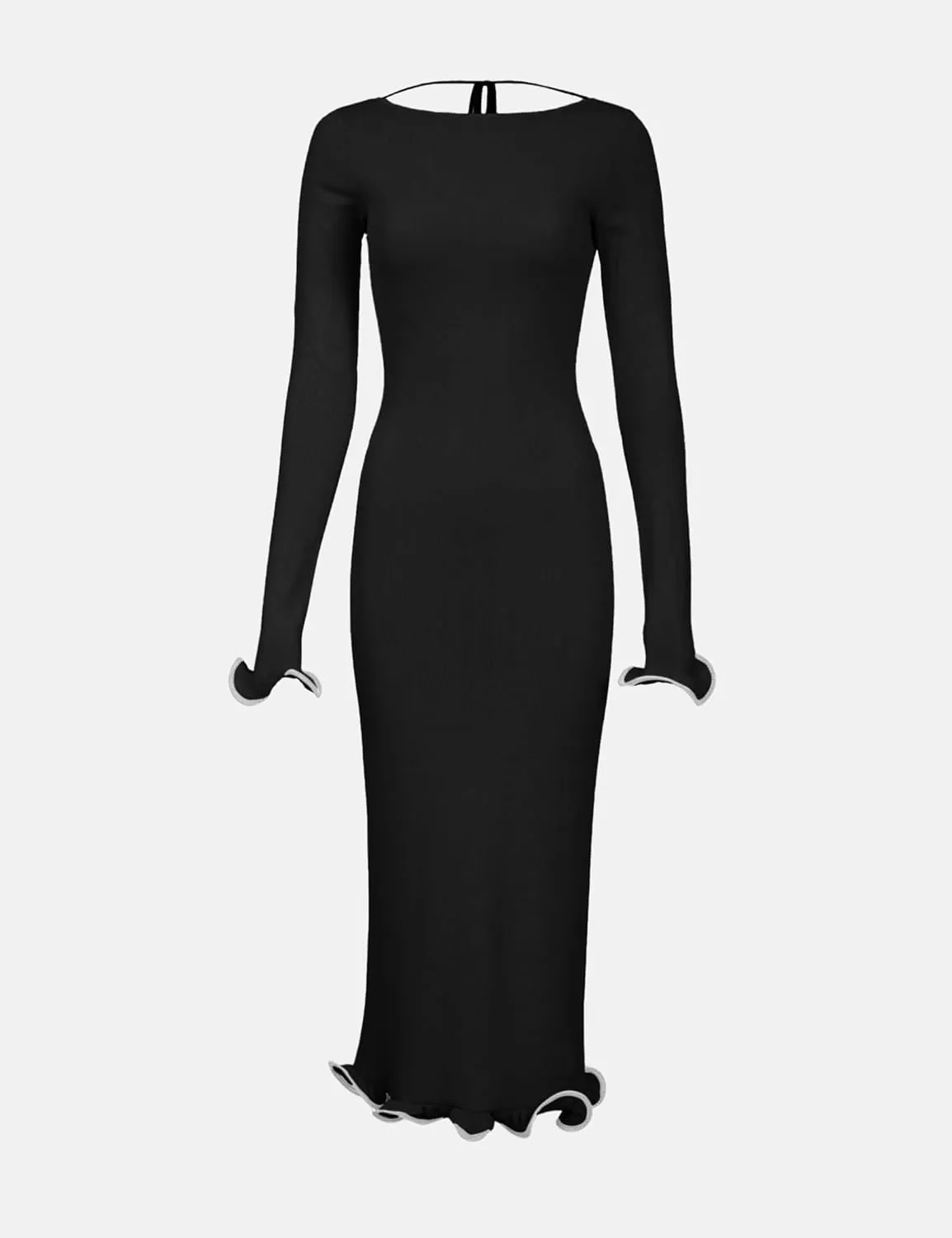 ISZPLUSH Women's Sexy Bodycon Ruffle Hem Knit Dress Crew Neck Backless Long Sleeve Slim Club Party Long Dress