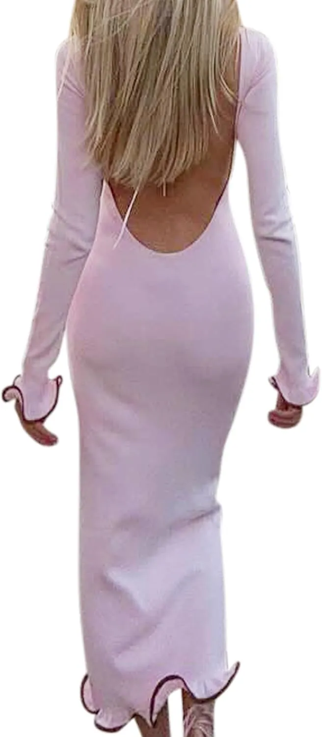 ISZPLUSH Women's Sexy Bodycon Ruffle Hem Knit Dress Crew Neck Backless Long Sleeve Slim Club Party Long Dress