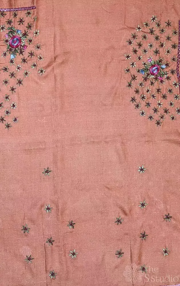 Light orange tussar silk material with floral kutch hand embroidery