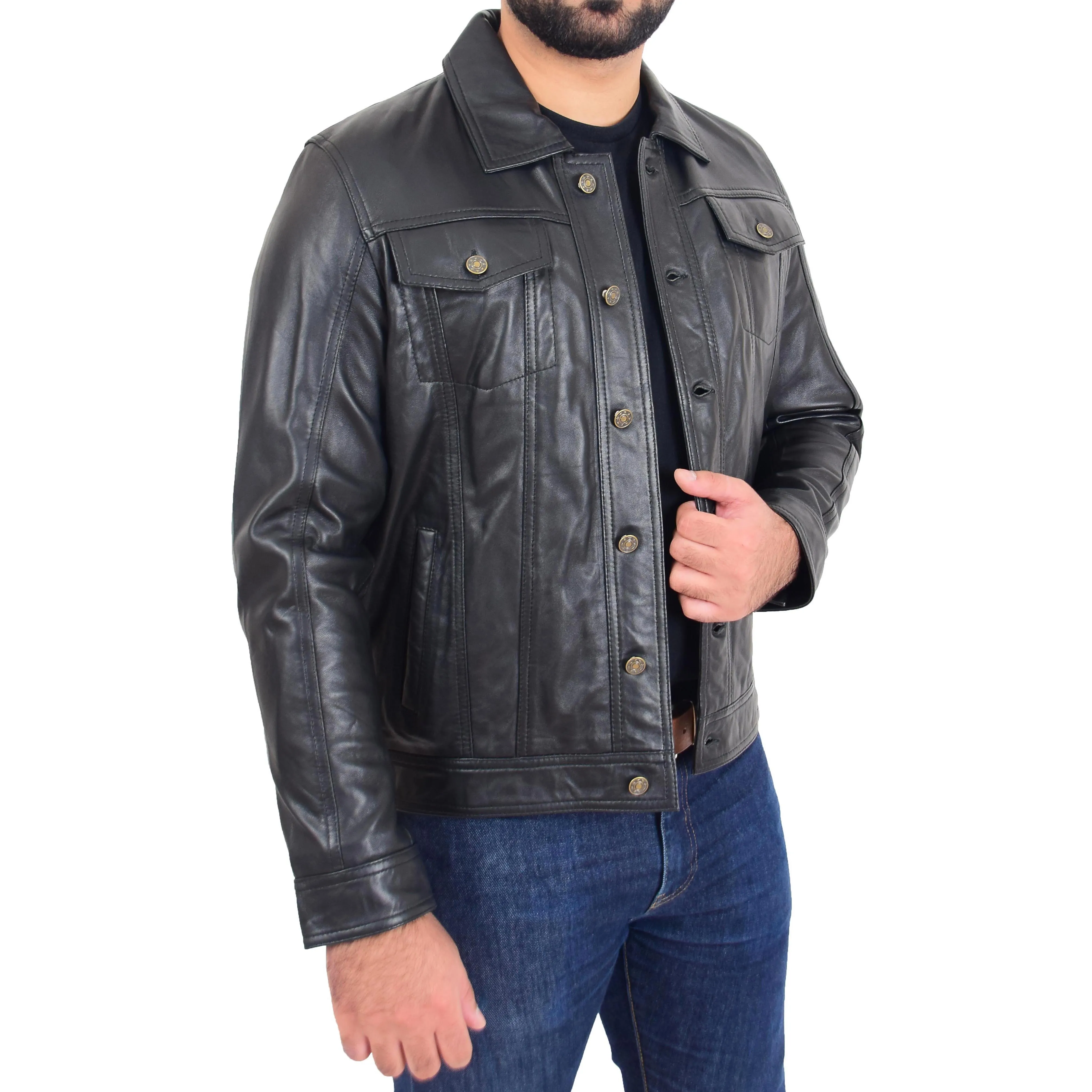 Mens Trucker Soft Leather Jacket Western Denim Style Bond Black