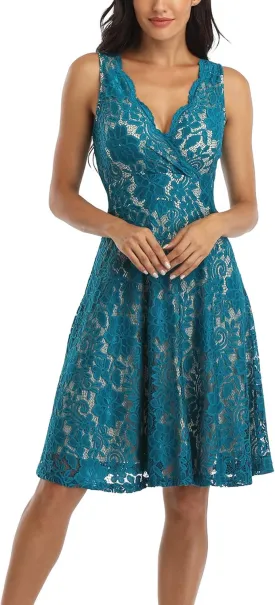 MISS MOLY Women's Floral Lace Overlay Fit and Flare Dress Sexy V-Neck Knee Length Elegant Party Wedding Dress