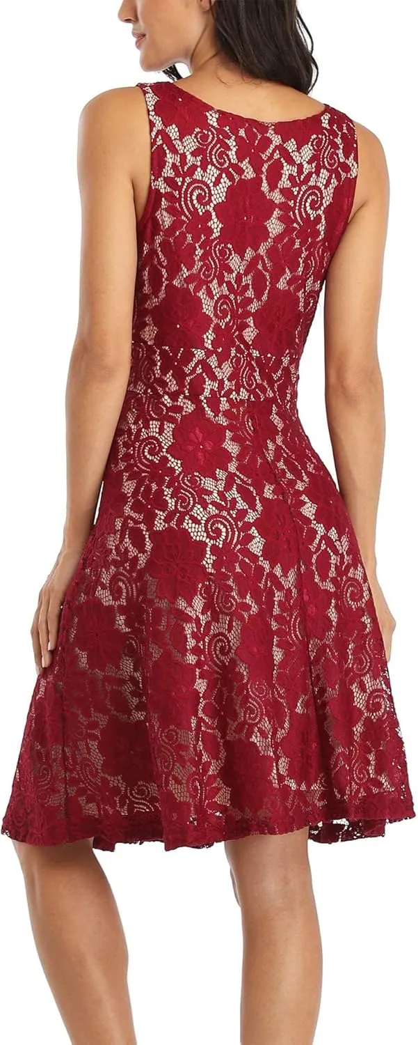 MISS MOLY Women's Floral Lace Overlay Fit and Flare Dress Sexy V-Neck Knee Length Elegant Party Wedding Dress