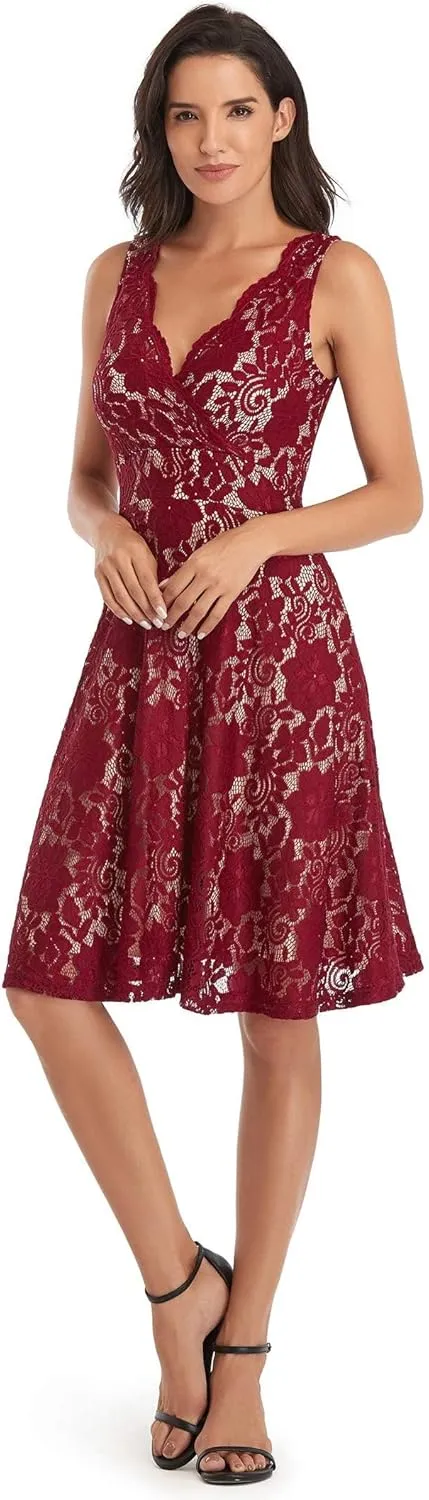 MISS MOLY Women's Floral Lace Overlay Fit and Flare Dress Sexy V-Neck Knee Length Elegant Party Wedding Dress