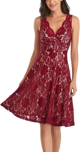 MISS MOLY Women's Floral Lace Overlay Fit and Flare Dress Sexy V-Neck Knee Length Elegant Party Wedding Dress