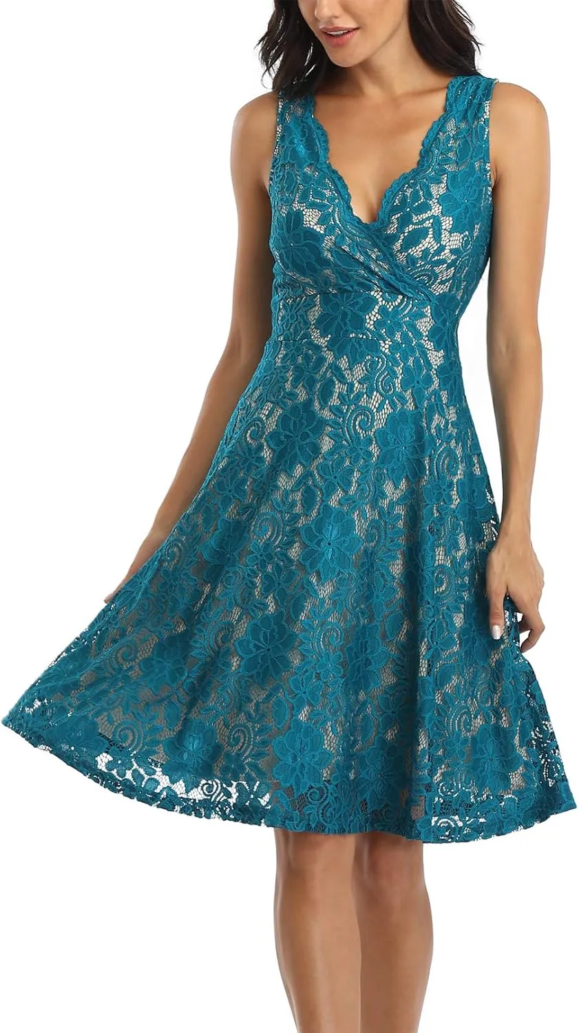 MISS MOLY Women's Floral Lace Overlay Fit and Flare Dress Sexy V-Neck Knee Length Elegant Party Wedding Dress