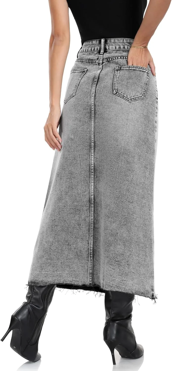 MISS MOLY Women's Mid Denim Skirts Stretch High Waist Frayed Raw Hem Split A line Flare Jean Skirt Maxi Dress with Pockets
