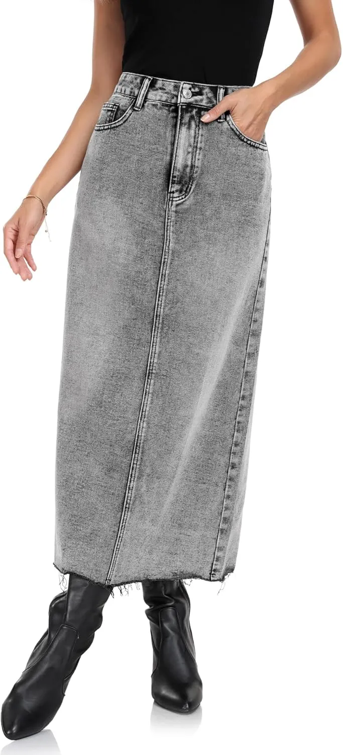 MISS MOLY Women's Mid Denim Skirts Stretch High Waist Frayed Raw Hem Split A line Flare Jean Skirt Maxi Dress with Pockets