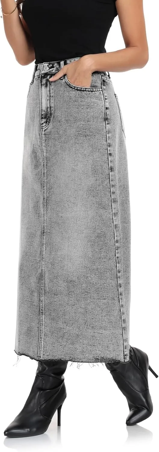 MISS MOLY Women's Mid Denim Skirts Stretch High Waist Frayed Raw Hem Split A line Flare Jean Skirt Maxi Dress with Pockets