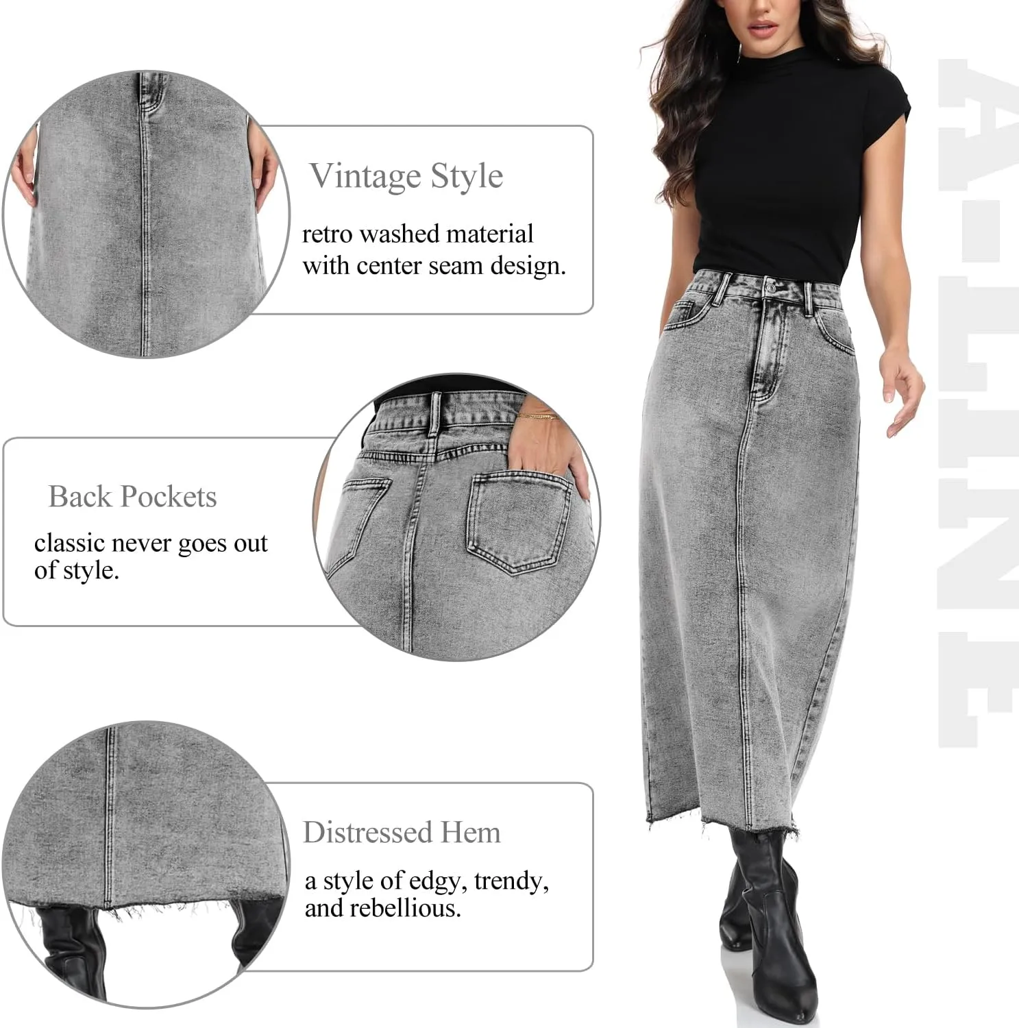 MISS MOLY Women's Mid Denim Skirts Stretch High Waist Frayed Raw Hem Split A line Flare Jean Skirt Maxi Dress with Pockets