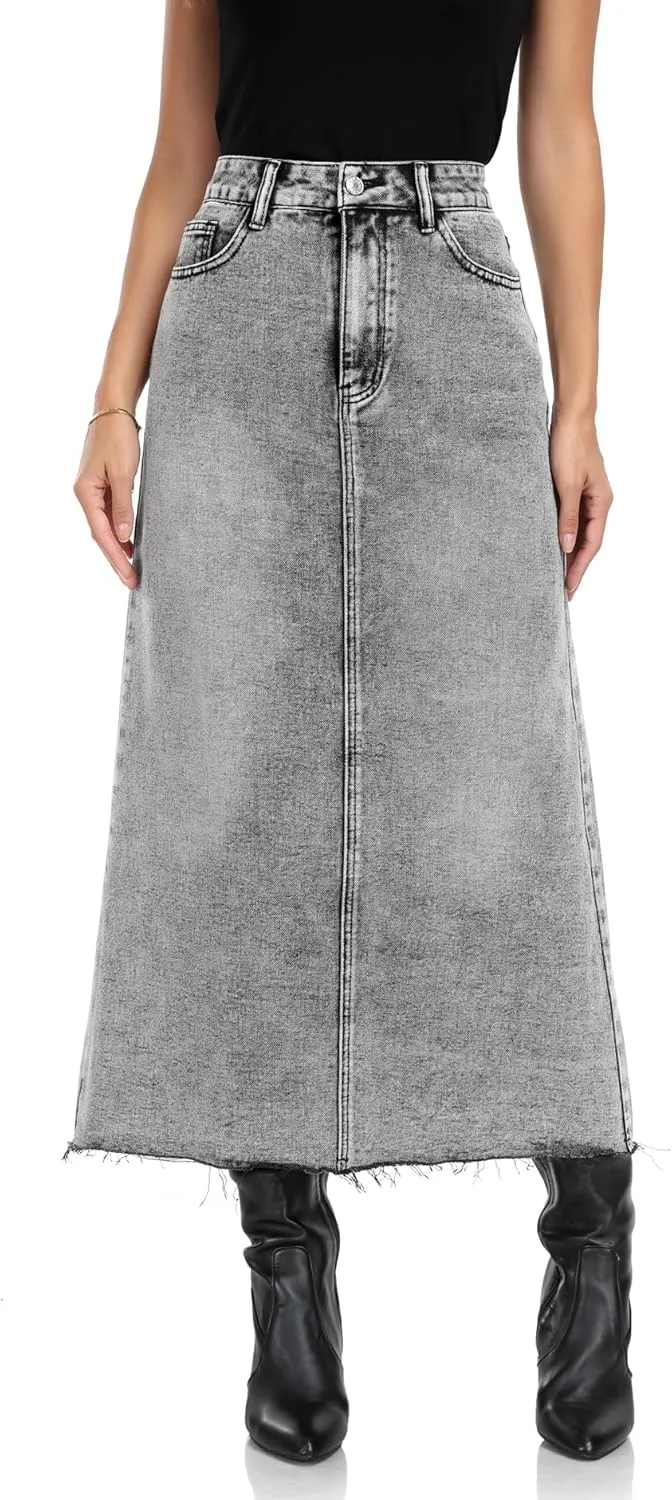 MISS MOLY Women's Mid Denim Skirts Stretch High Waist Frayed Raw Hem Split A line Flare Jean Skirt Maxi Dress with Pockets