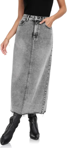 MISS MOLY Women's Mid Denim Skirts Stretch High Waist Frayed Raw Hem Split A line Flare Jean Skirt Maxi Dress with Pockets