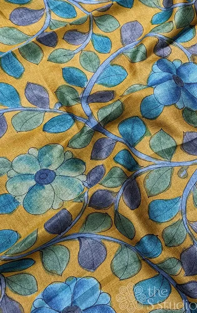 Mustard with blue handpainted kalamkari tussar material