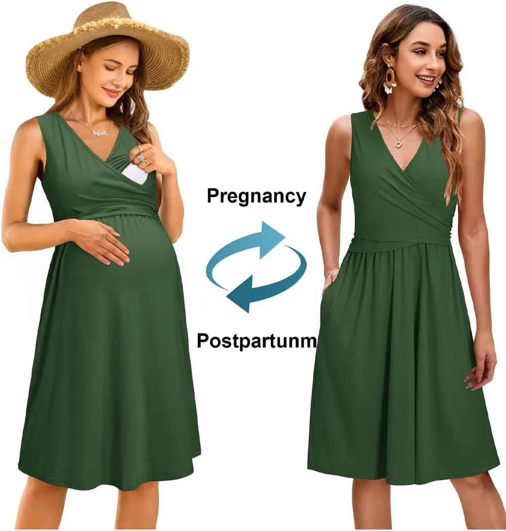OUGES Womens 2025 V-Neck Maternity Dresses Nursing Breastfeeding Baby Shower Dress
