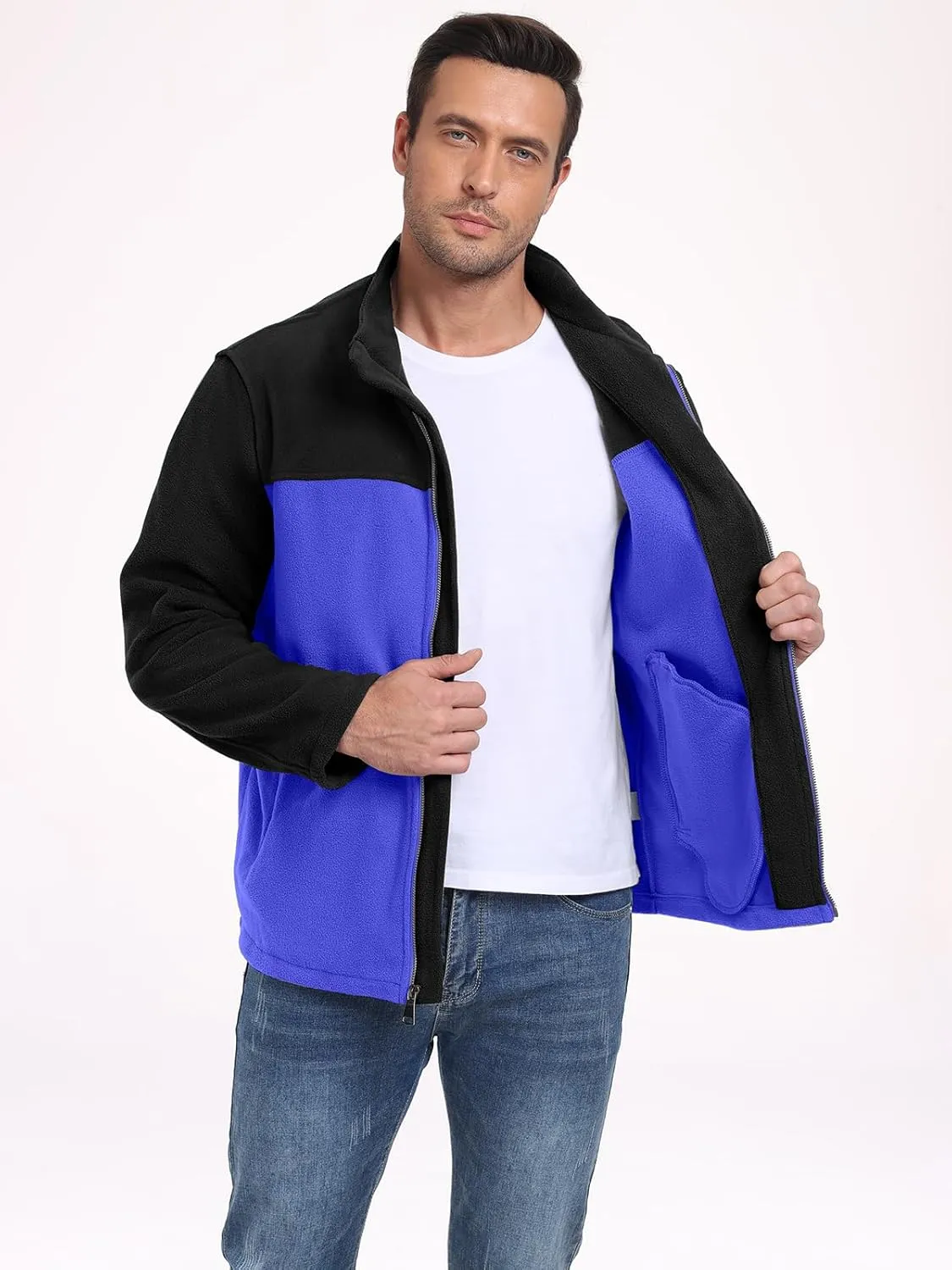 PEGENO Men's Fleece Jacket Classic Full Zip Stand Collar Lightweight Casual Soft Warm Coats With Zipper Pocket