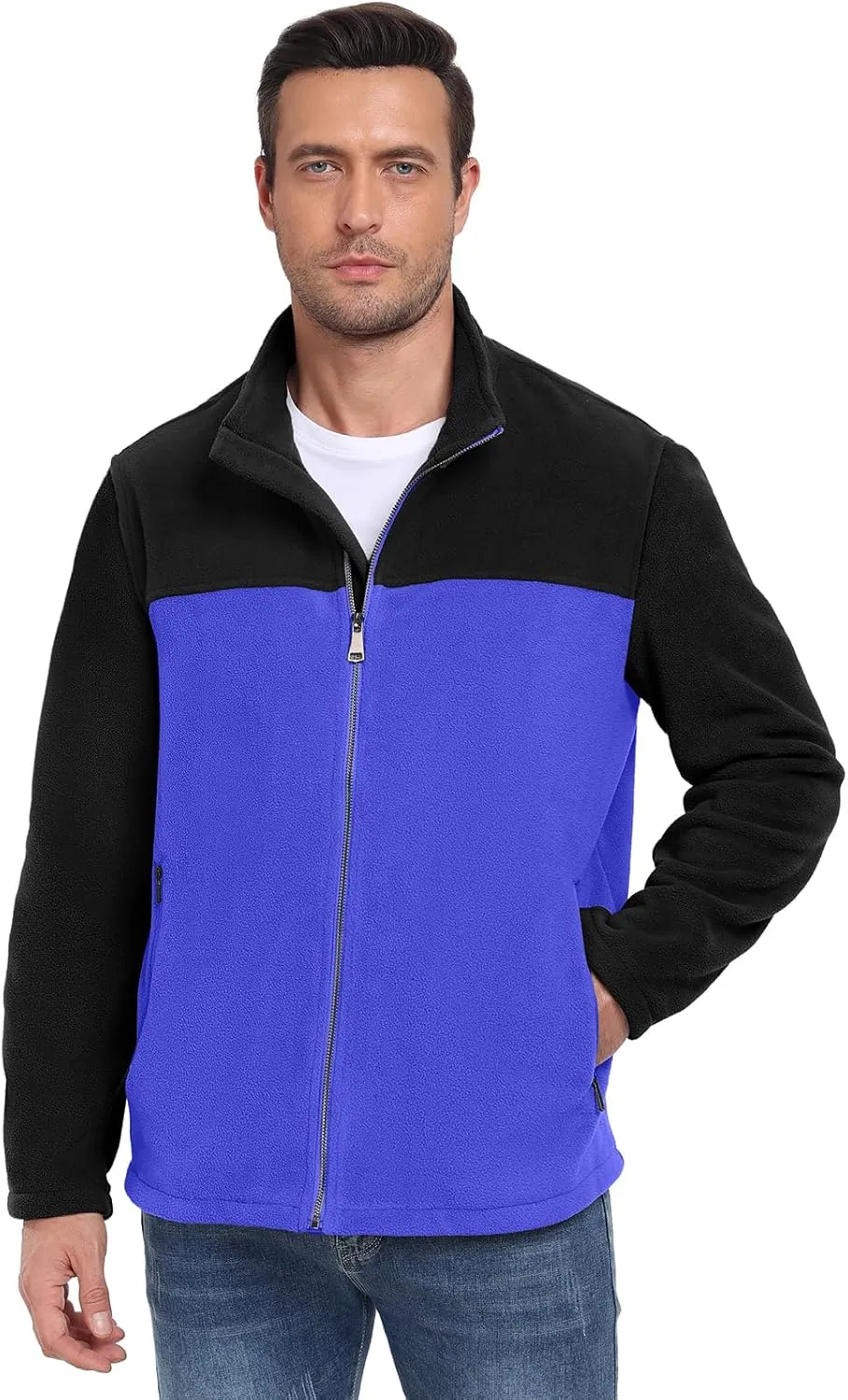 PEGENO Men's Fleece Jacket Classic Full Zip Stand Collar Lightweight Casual Soft Warm Coats With Zipper Pocket