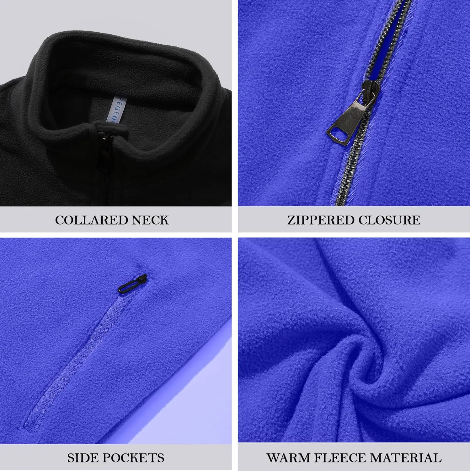 PEGENO Men's Fleece Jacket Classic Full Zip Stand Collar Lightweight Casual Soft Warm Coats With Zipper Pocket