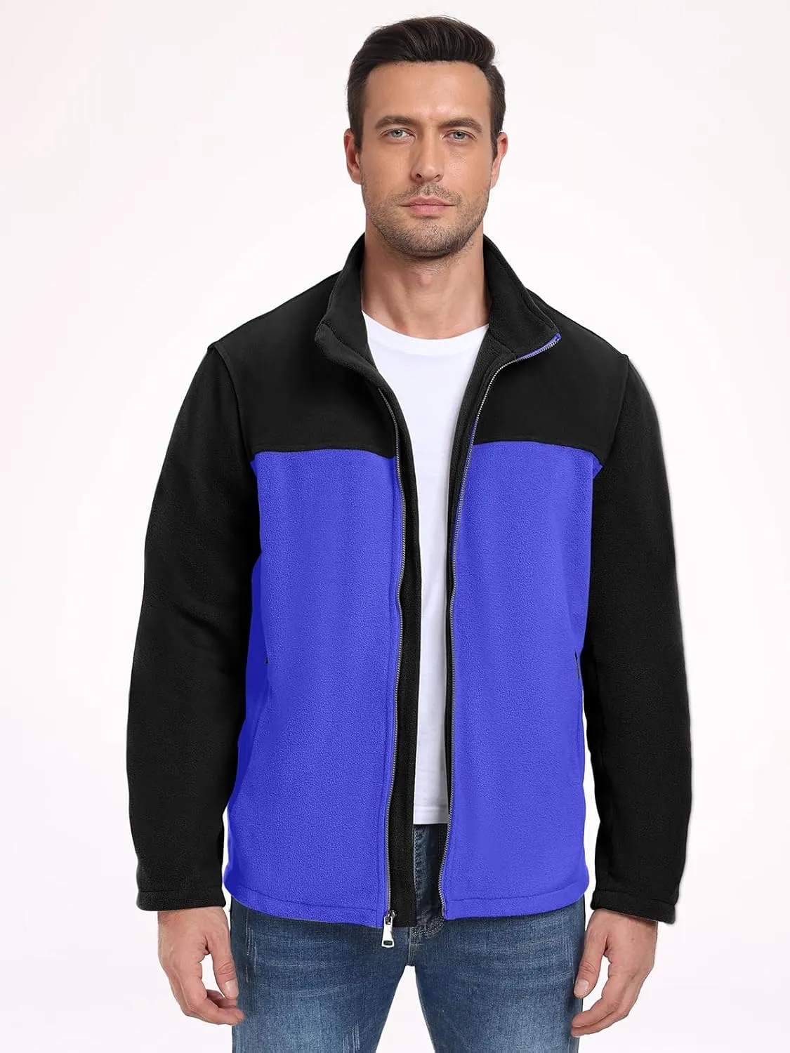 PEGENO Men's Fleece Jacket Classic Full Zip Stand Collar Lightweight Casual Soft Warm Coats With Zipper Pocket