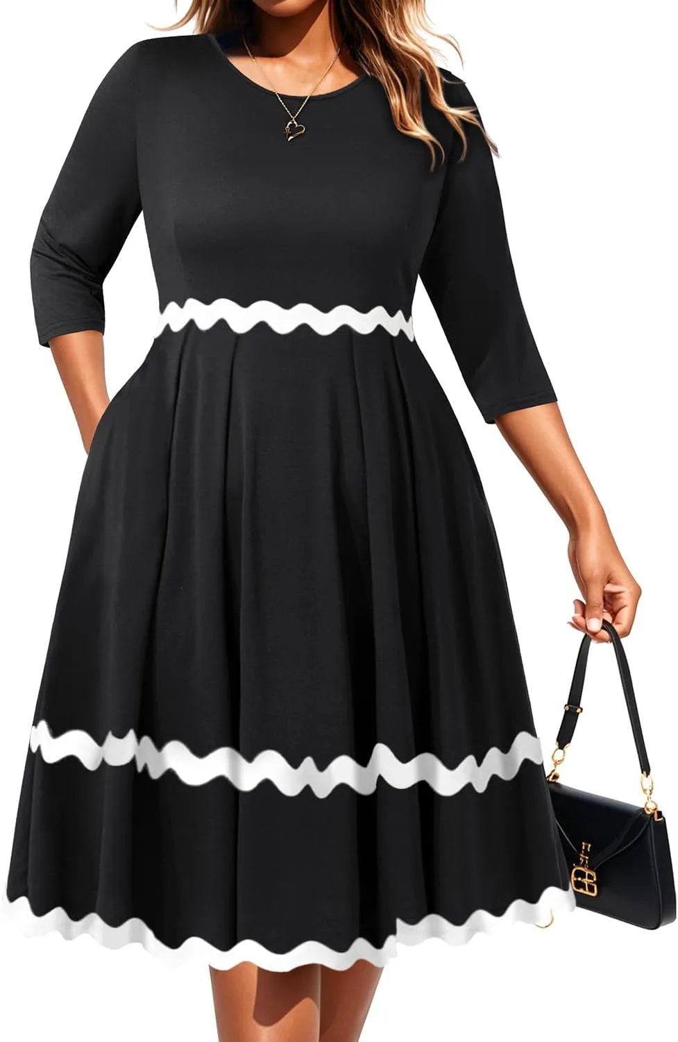 Pinup Fashion Plus Size Work Dresses - Fall Church Office Semi Formal Fit and Flare Midi Dress with Pockets