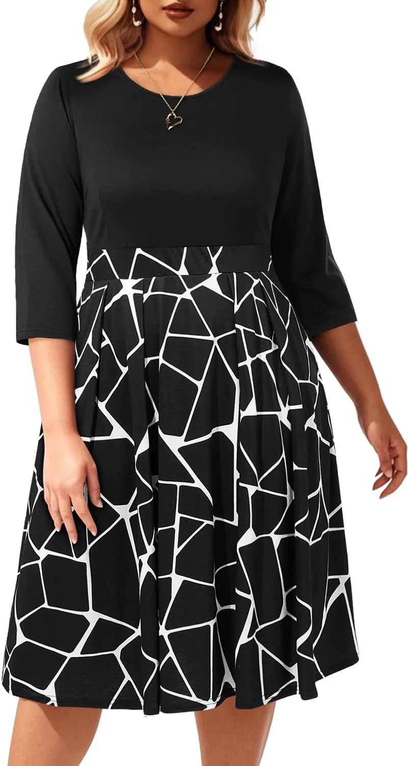 Pinup Fashion Plus Size Work Dresses - Fall Church Office Semi Formal Fit and Flare Midi Dress with Pockets