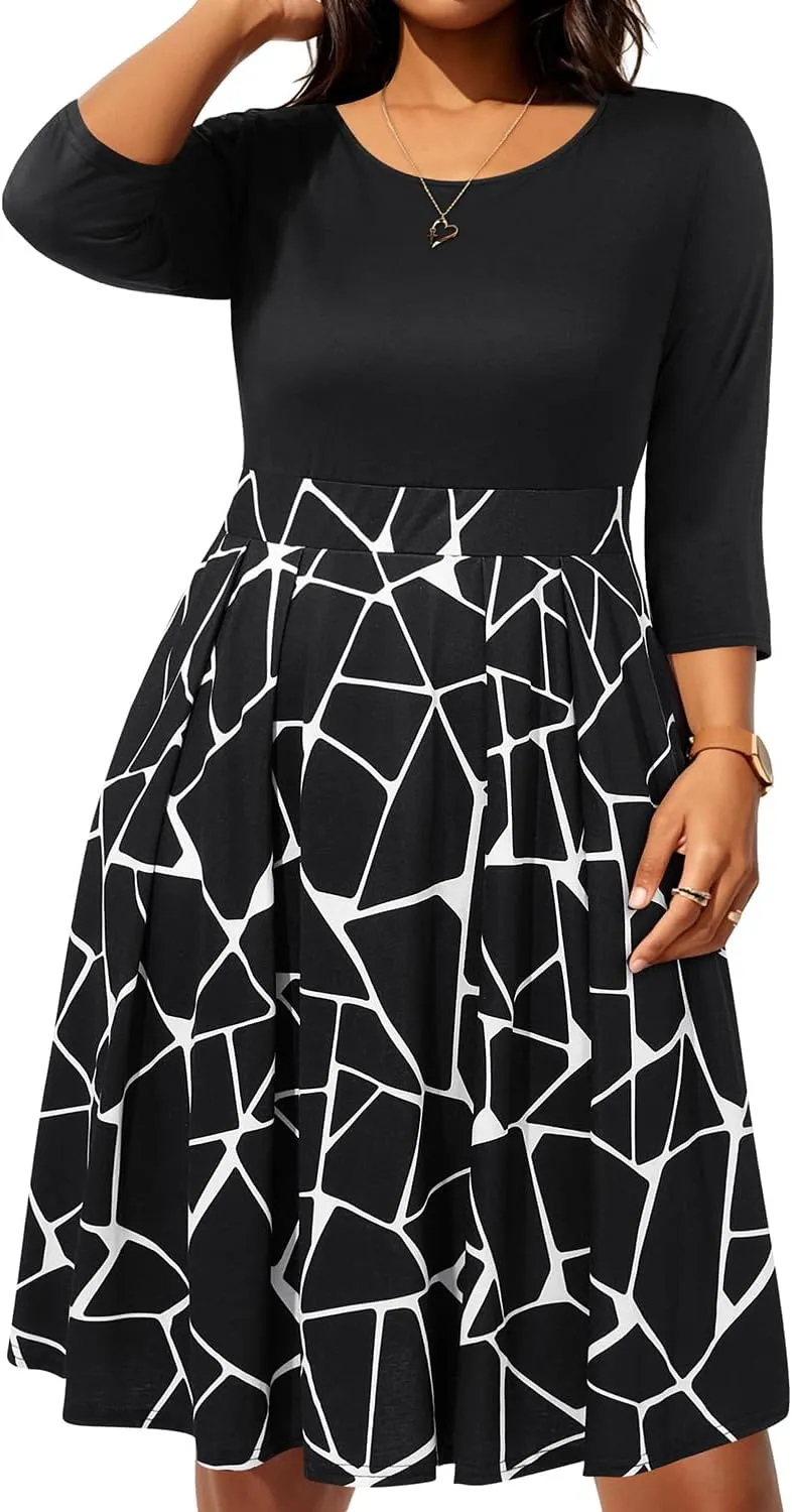 Pinup Fashion Plus Size Work Dresses - Fall Church Office Semi Formal Fit and Flare Midi Dress with Pockets