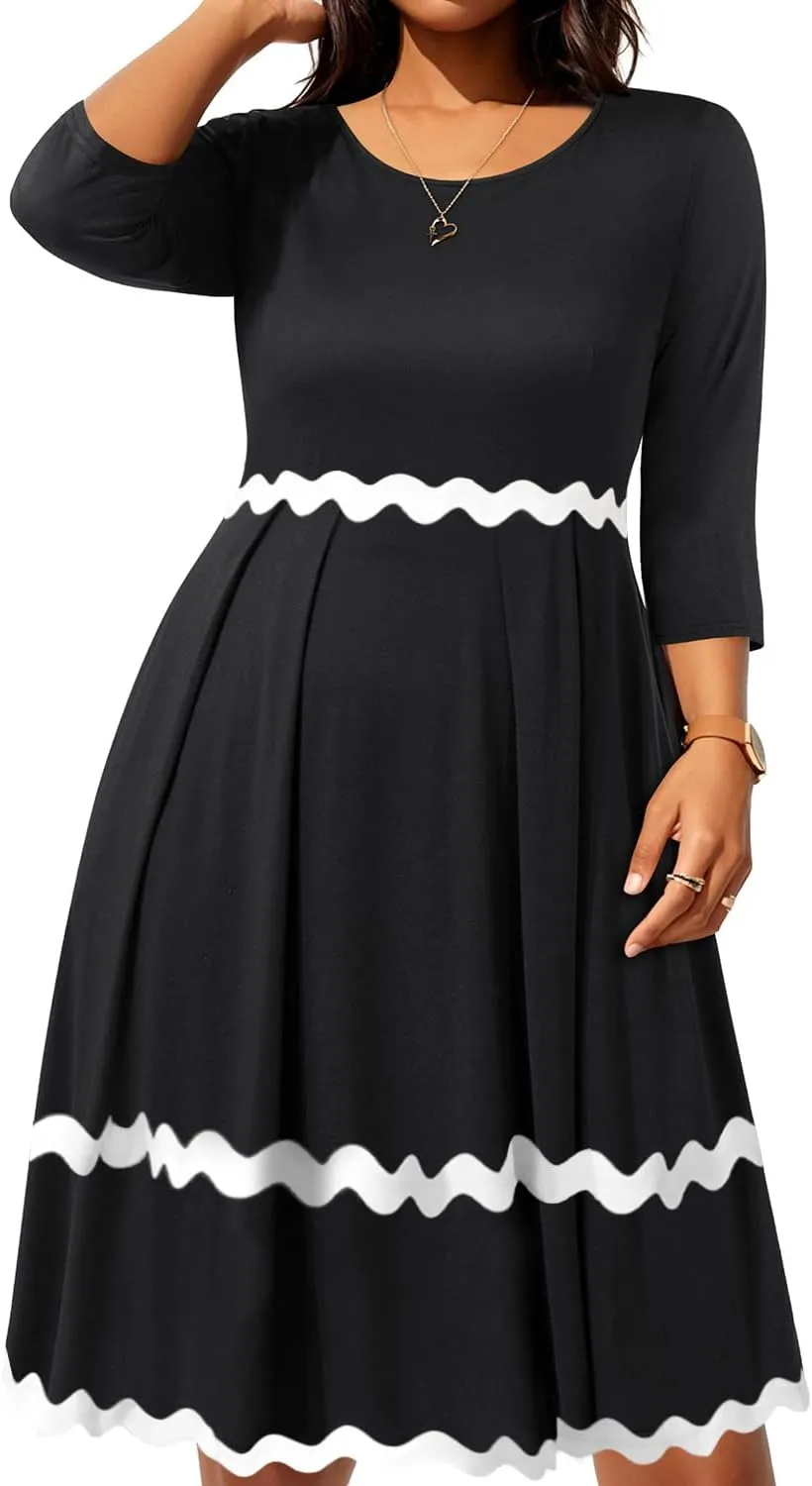 Pinup Fashion Plus Size Work Dresses - Fall Church Office Semi Formal Fit and Flare Midi Dress with Pockets