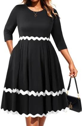 Pinup Fashion Plus Size Work Dresses - Fall Church Office Semi Formal Fit and Flare Midi Dress with Pockets