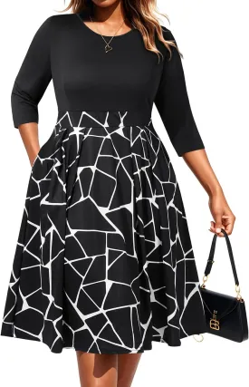 Pinup Fashion Plus Size Work Dresses - Fall Church Office Semi Formal Fit and Flare Midi Dress with Pockets