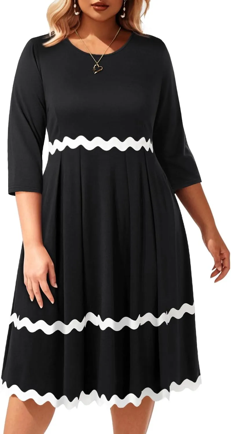 Pinup Fashion Plus Size Work Dresses - Fall Church Office Semi Formal Fit and Flare Midi Dress with Pockets