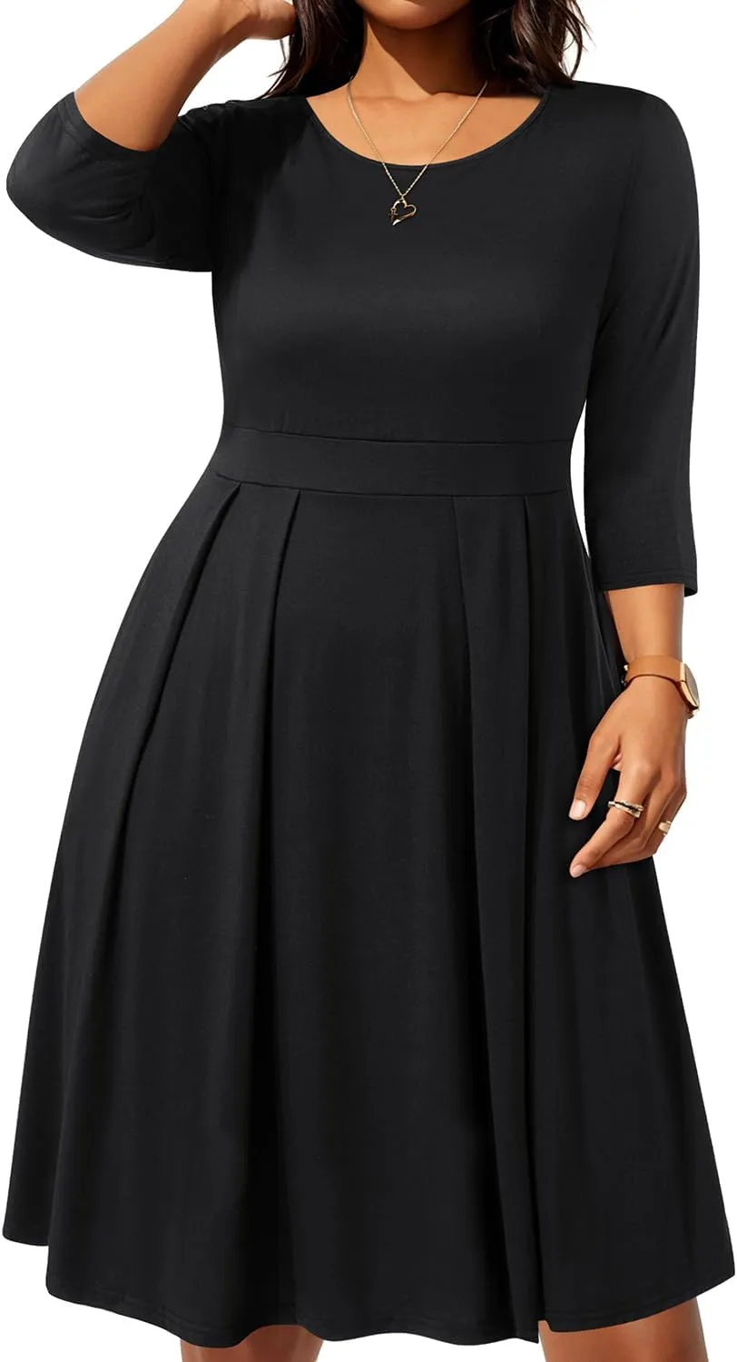Pinup Fashion Plus Size Work Dresses - Fall Church Office Semi Formal Fit and Flare Midi Dress with Pockets