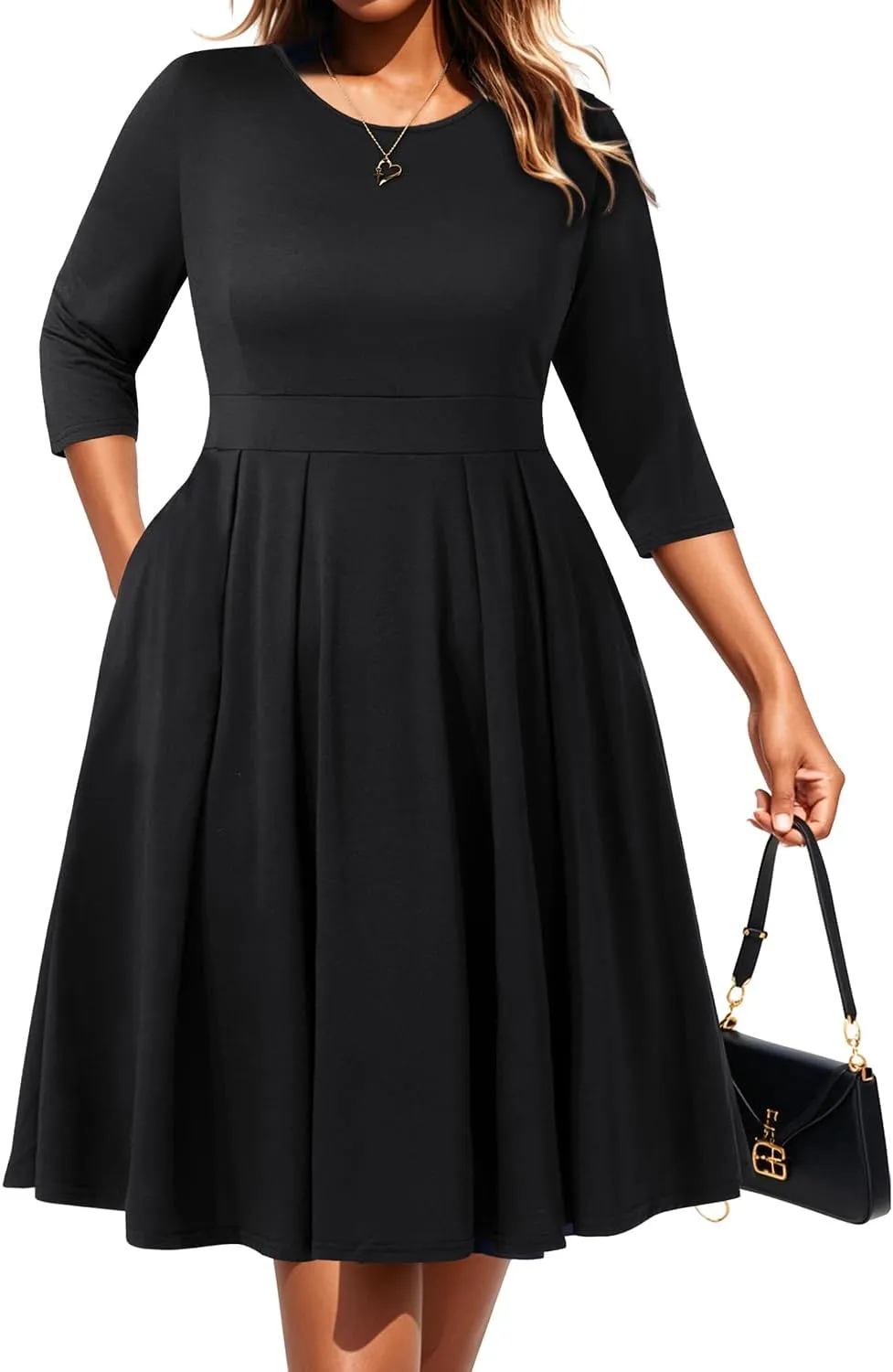 Pinup Fashion Plus Size Work Dresses - Fall Church Office Semi Formal Fit and Flare Midi Dress with Pockets