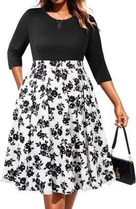 Pinup Fashion Plus Size Work Dresses - Fall Church Office Semi Formal Fit and Flare Midi Dress with Pockets