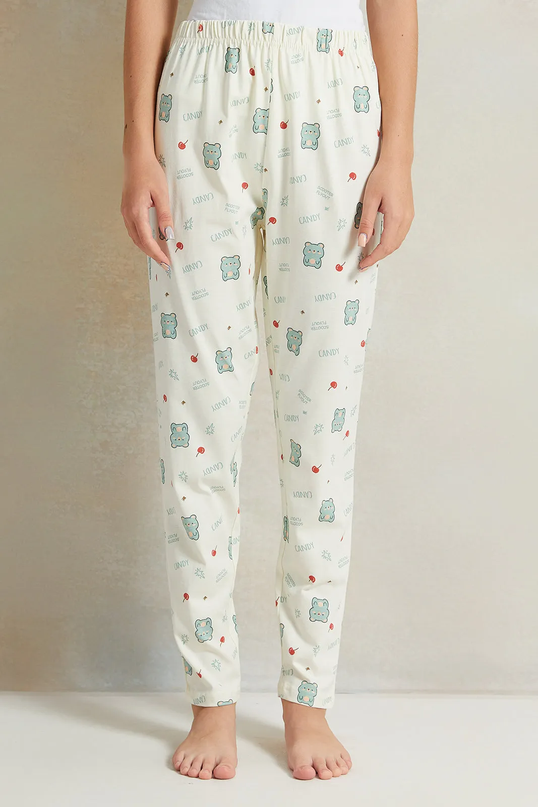 Senior Girls Green And White  Printed Pyjama Set (2 Piece)