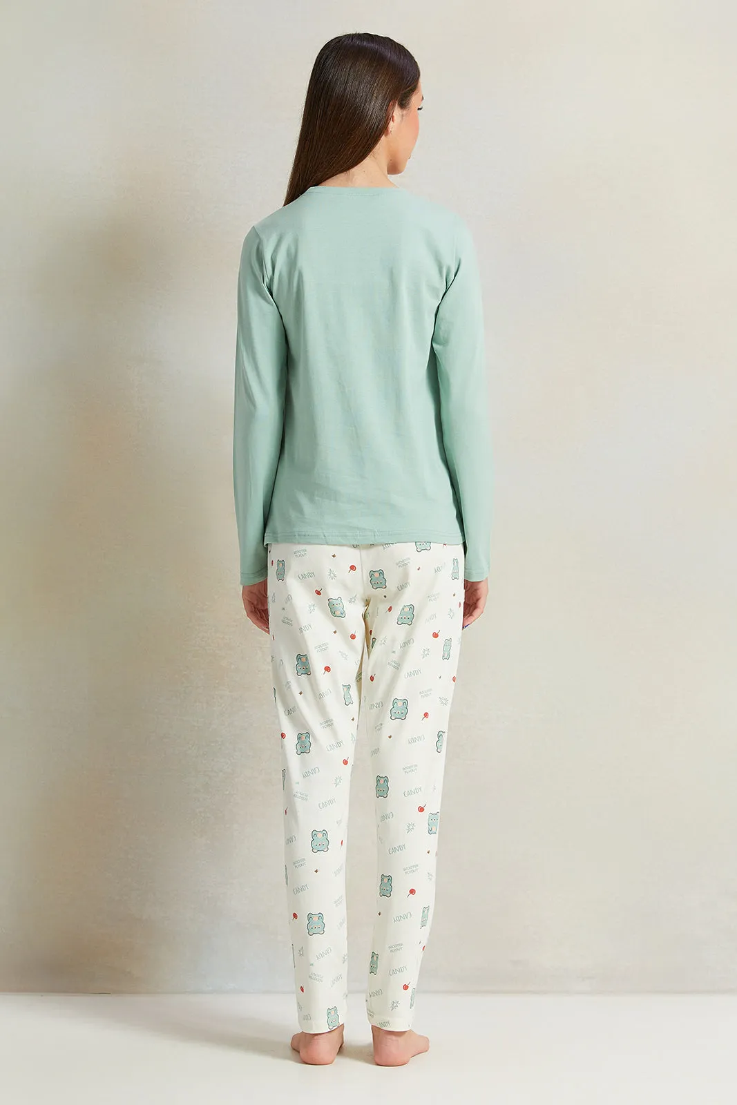 Senior Girls Green And White  Printed Pyjama Set (2 Piece)