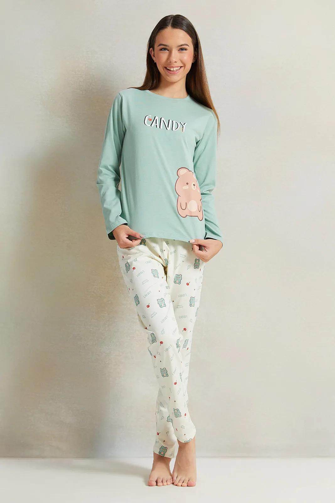 Senior Girls Green And White  Printed Pyjama Set (2 Piece)