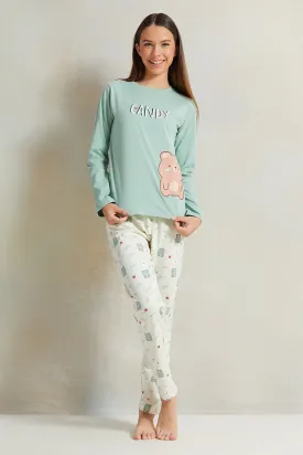 Senior Girls Green And White  Printed Pyjama Set (2 Piece)