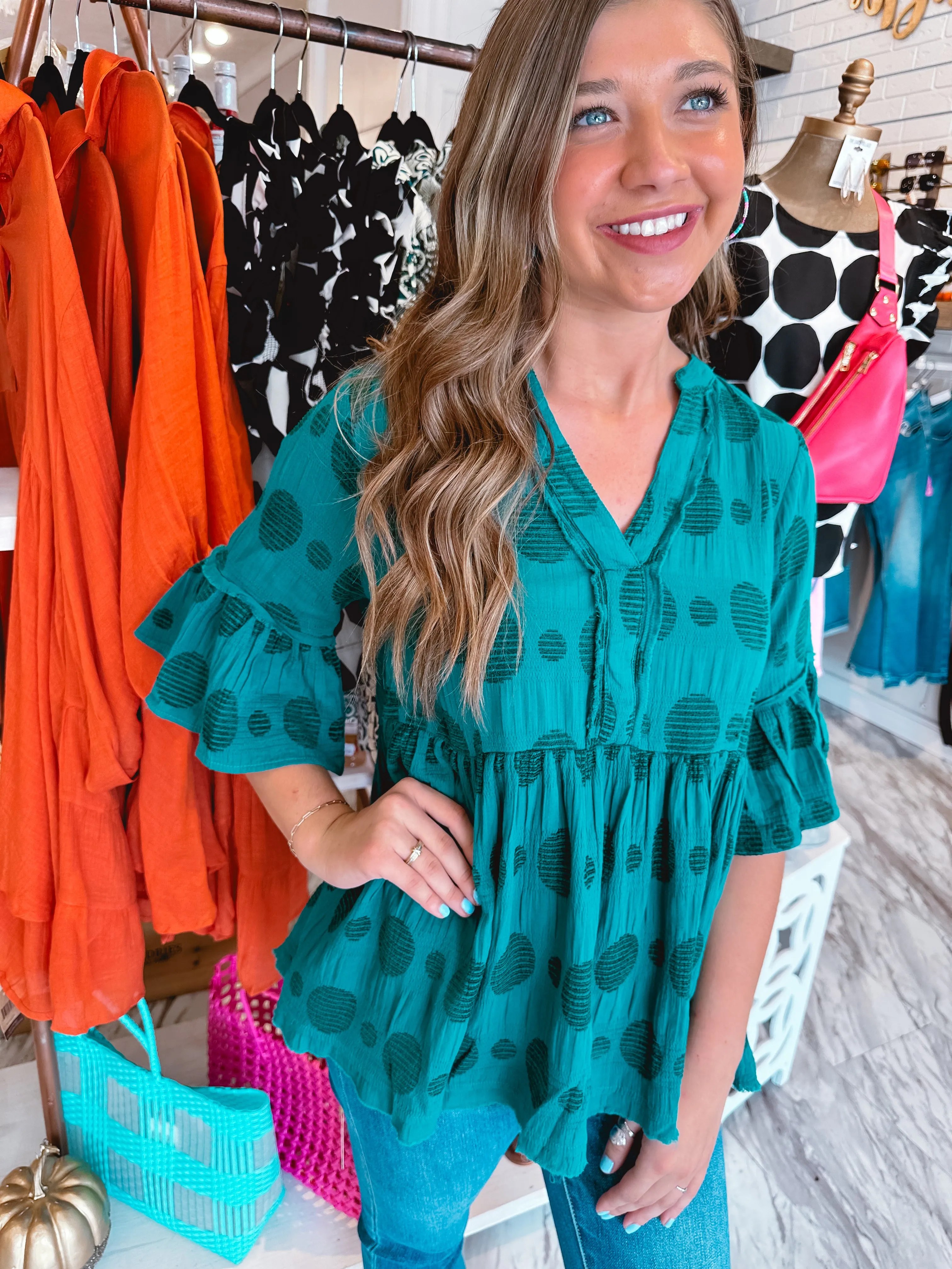 Through the Fall Peacock Dotted Detail Top