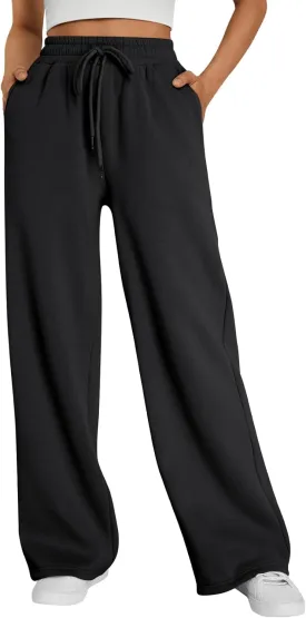 Trendy Queen Womens Wide Leg Sweatpants High Waisted Baggy Lounge Pants Drawstring Athletic Flared Joggers with Pockets