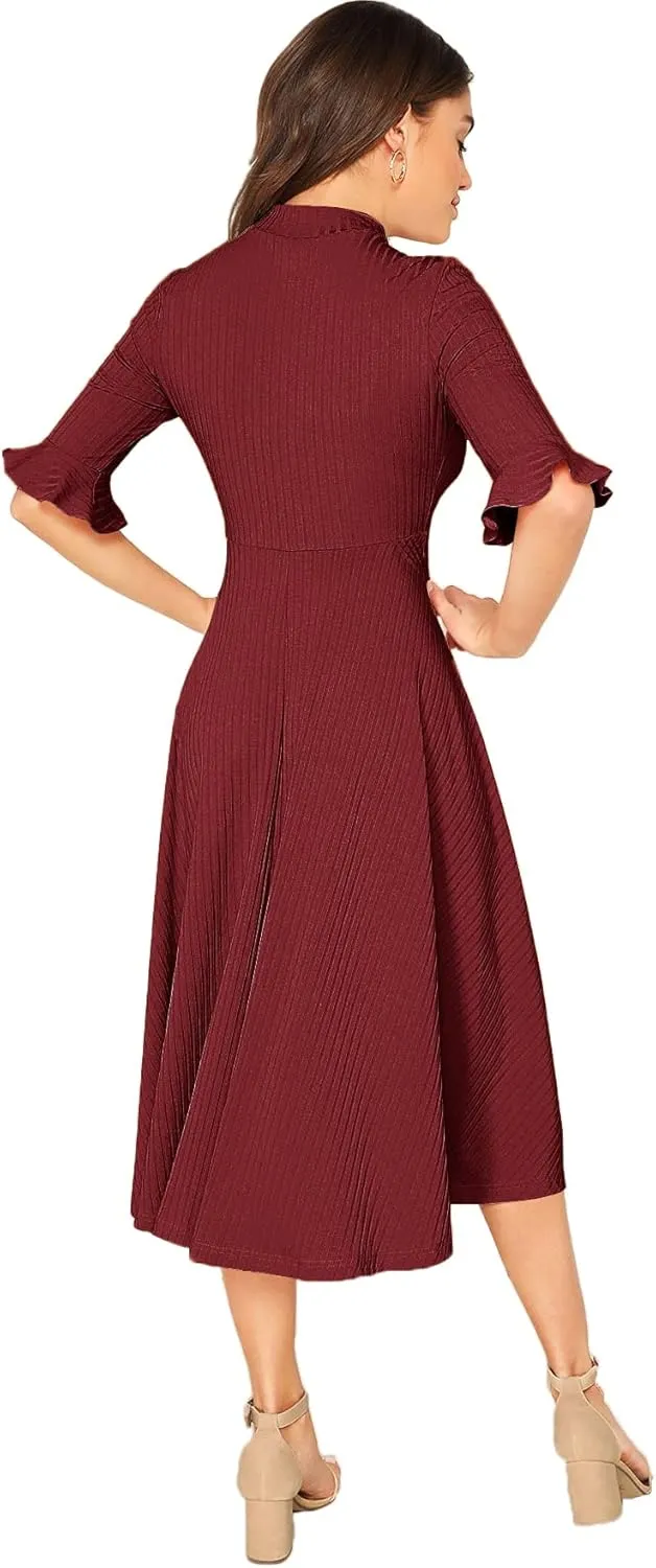 Verdusa Women's Elegant Ribbed Ruffle Half Sleeve A Line Dresses Fit and Flare Midi Dress