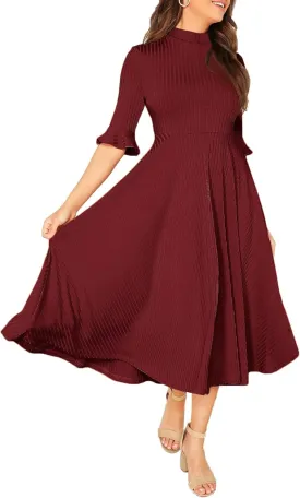 Verdusa Women's Elegant Ribbed Ruffle Half Sleeve A Line Dresses Fit and Flare Midi Dress