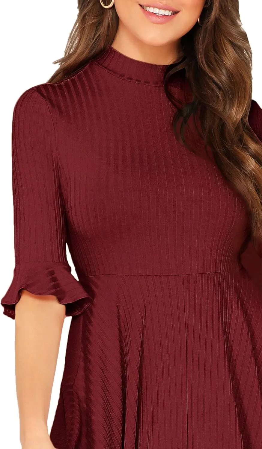 Verdusa Women's Elegant Ribbed Ruffle Half Sleeve A Line Dresses Fit and Flare Midi Dress