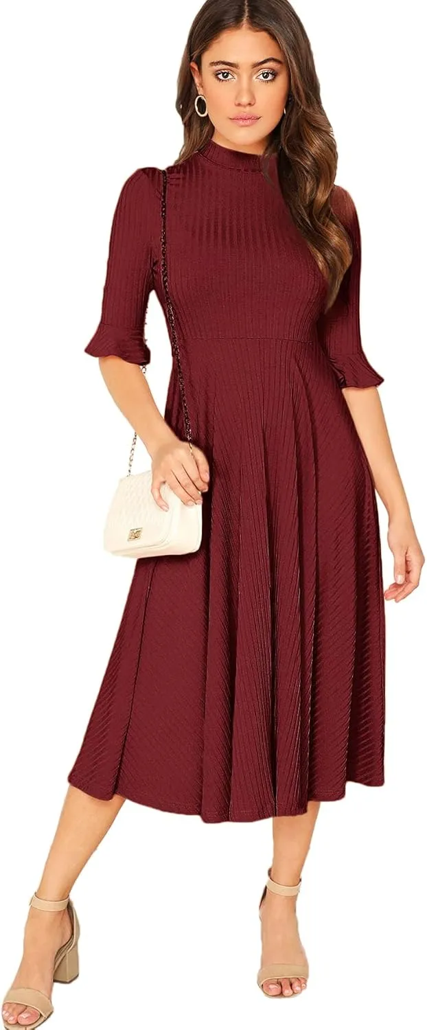 Verdusa Women's Elegant Ribbed Ruffle Half Sleeve A Line Dresses Fit and Flare Midi Dress