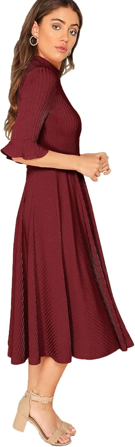 Verdusa Women's Elegant Ribbed Ruffle Half Sleeve A Line Dresses Fit and Flare Midi Dress