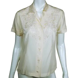 Vintage 1960s Floral Embroidered Pure Silk Blouse Short Sleeve Shirt Size M 36