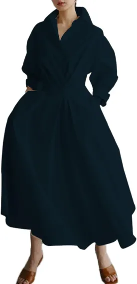 Womens Cotton Elegant Long Sleeve Collared Button Down Maxi Shirt Dress with Pockets,Loose fit with Large A-line Skirt