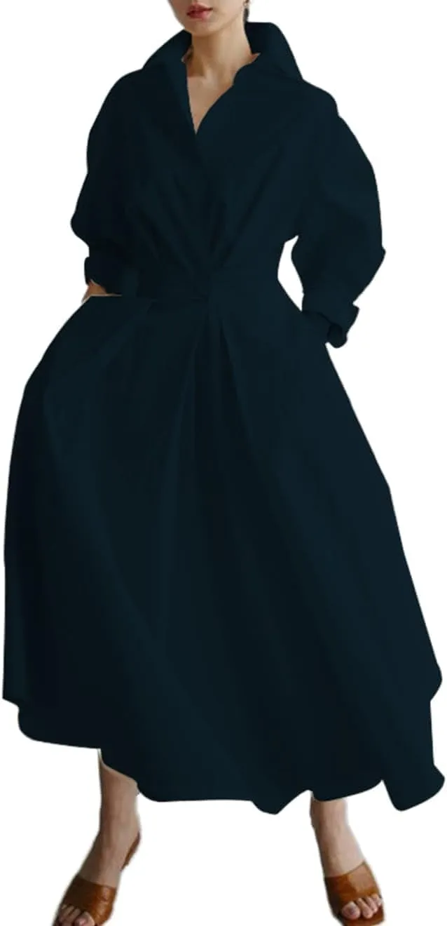 Womens Cotton Elegant Long Sleeve Collared Button Down Maxi Shirt Dress with Pockets,Loose fit with Large A-line Skirt