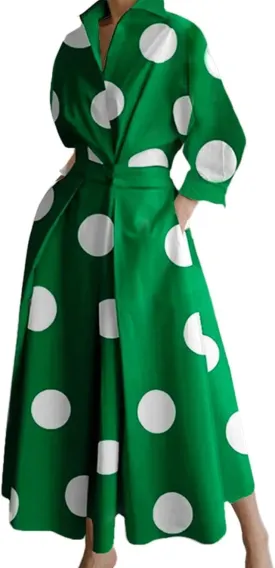Womens Cotton Elegant Long Sleeve Collared Button Down Maxi Shirt Dress with Pockets,Loose fit with Large A-line Skirt