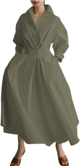 Womens Cotton Elegant Long Sleeve Collared Button Down Maxi Shirt Dress with Pockets,Loose fit with Large A-line Skirt