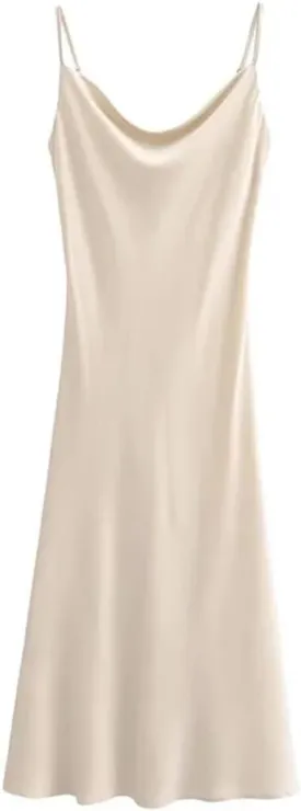Women's Satin Slip Dress Sexy Slim Backless Strap Ankle MIDI Dress