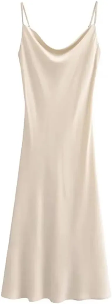 Women's Satin Slip Dress Sexy Slim Backless Strap Ankle MIDI Dress
